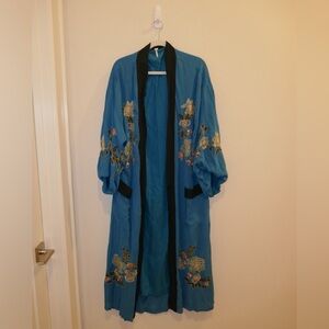 Free People Teal Floor Length Kimono with Embroidery. Size S, Flowy fit